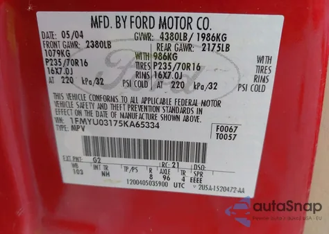 2005 Ford Escape Xlt из США, поврежденный, VIN 1FMYU03175KA65334